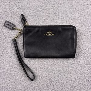 Coach Wallet Wristlet Black Double Zipper Card Coin Gold Hardware Hang Tag